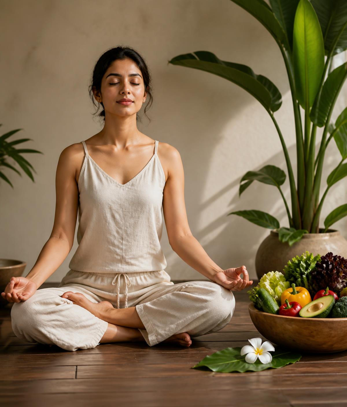 Woman practising yoga beside a bowl of fresh vegetables and green leaves